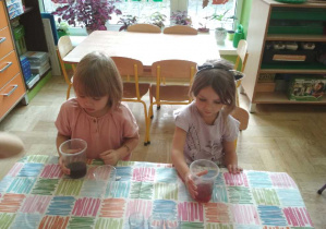 Zdjęcie przedstawia Maję i Olę z III grupy obserwujące efekty doświadczenia z kolorową wodą.