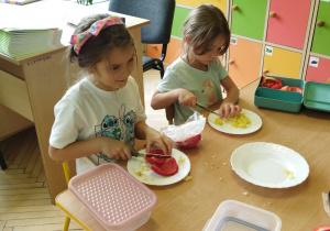 Zdjęcie przedstawia Maję i Lenę z grupy IV krojące w kostkę potrzebne produkty.