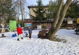 Zdjęcie przedstawia dwóch chłopców rzucających śnieżkami.