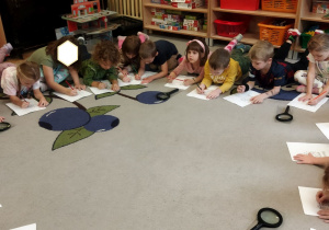 Na tym zdjęciu widać dzieci kolorujące malowanki przedstawiające różne rośliny.