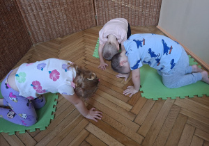 Na tym zdjęciu widać troje dzieci wykonujących koci grzbiet w klęku podpartym.