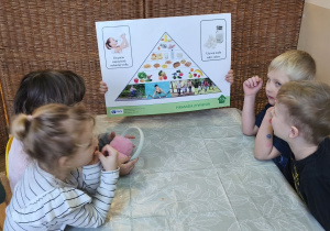 Na tym zdjęciu widać czworo dzieci z grupy III podczas omawiania planszy przedstawiającej piramidę zdrowego żywienia.