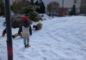 Zdjęcie przedstawia dzieci zjeżdżające z górki na jabłuszkach.