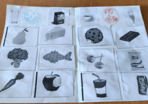 Zdjęcie przedstawia gotową pracę na temat "Produkty zdrowe i niezdrowe".