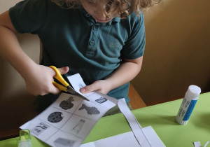 Zdjęcie przedstawia Mikołaja z grupy III wykonującego pracę na temat "Produkty zdrowe i niezdrowe".