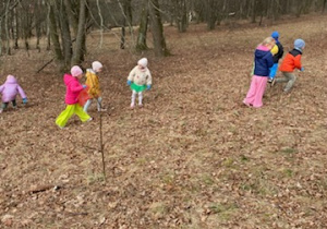 Zdjęcie przedstawia dzieci porządkujące teren parku w pobliżu przedszkola.
