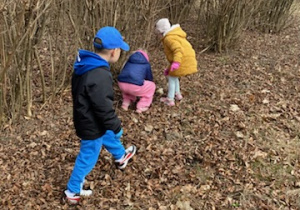Zdjęcie przedstawia dzieci porządkujące teren parku w pobliżu przedszkola.