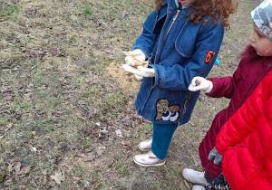 Zdjęcie przedstawia dzieci podczas porządkowania najbliższego terenu wokół przedszkola.