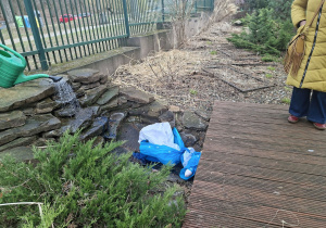 Na tym zdjęciu widać utopioną Marzannę w ogrodowym strumyku.