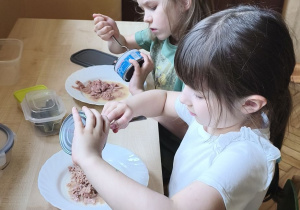 Zdjęcie przedstawia Kalinę i Julka z grupy IV, którzy wykładają tuńczyka z puszki na talerz.