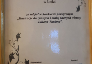 Dyplom za udział w konkursie plastycznym "Ilustracje do znanych i mniej znanych wierszy Juliana Tuwima".