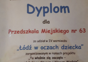 Dyplom za udział w wernisażu "Łódź w oczach dziecka".