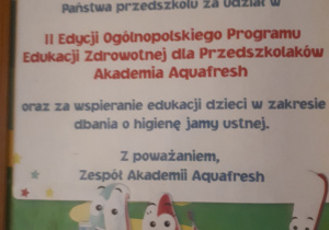 Dypolm za udział w programie "Edukacji zdrowotnej dla przedszkolaków Akademii Aquafresh".