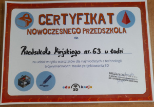 Zdjęcie przedstawia "Certyfikat nowoczesnego przedszkola - nauka projektowania 3 D.