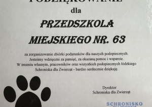 Podziękowanie za zorganizowanie zbiórki na rzecz schroniska dla zwierząt